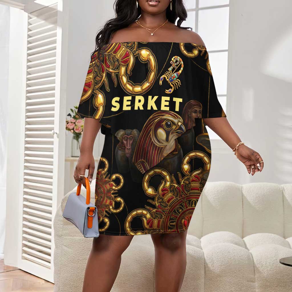 Serket Ancient Egyptian Off Shoulder Short Dress with Canopic Jars and Scorpion Motif in Protection