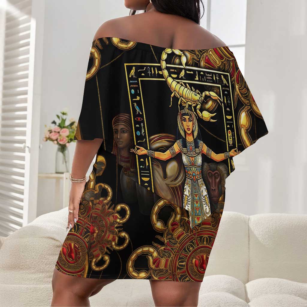 Serket Ancient Egyptian Off Shoulder Short Dress with Canopic Jars and Scorpion Motif in Protection