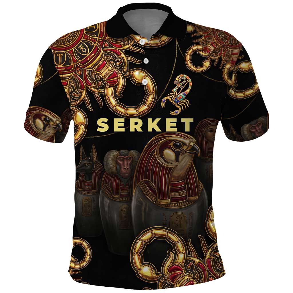 Serket Ancient Egyptian Polo Shirt with Canopic Jars and Scorpion Motif in Protection