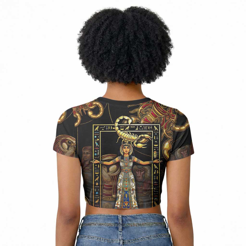 Serket Ancient Egyptian Raglan Cropped T shirt with Canopic Jars and Scorpion Motif in Protection