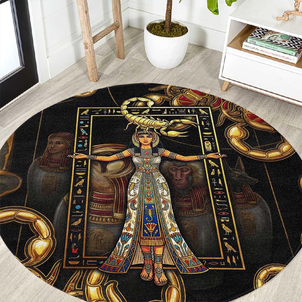Serket Ancient Egyptian Round Carpet with Canopic Jars and Scorpion Motif in Protection