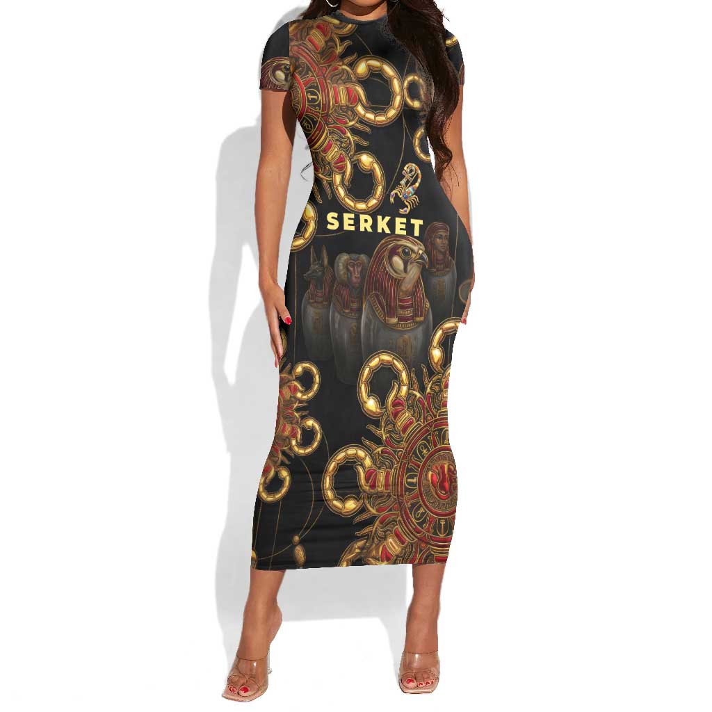 Serket Ancient Egyptian Short Sleeve Bodycon Dress with Canopic Jars and Scorpion Motif in Protection