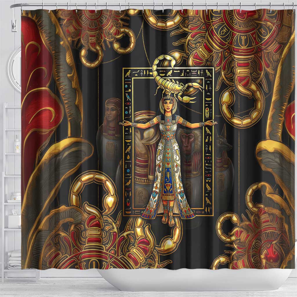 Serket Ancient Egyptian Shower Curtain with Canopic Jars and Scorpion Motif in Protection