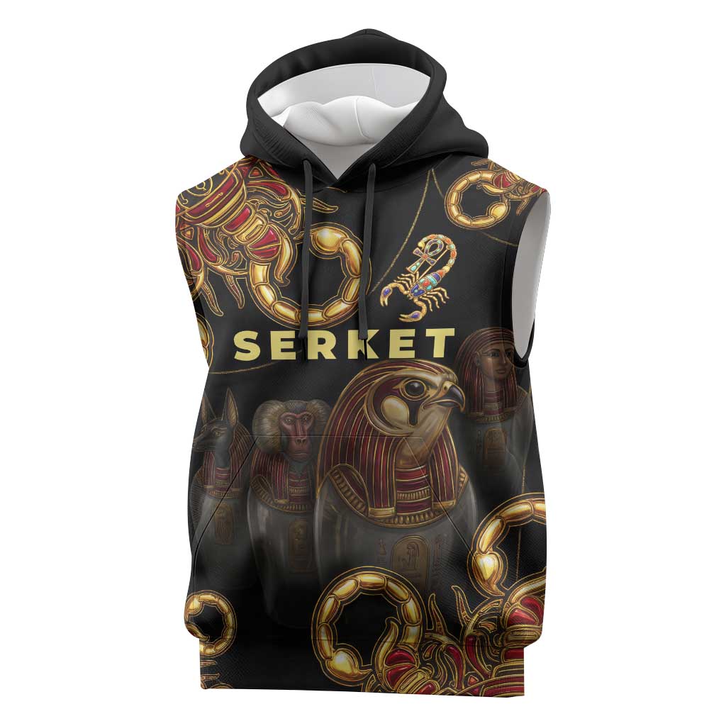 Serket Ancient Egyptian Sleeveless Hoodie with Canopic Jars and Scorpion Motif in Protection