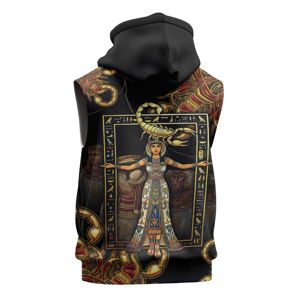 Serket Ancient Egyptian Sleeveless Hoodie with Canopic Jars and Scorpion Motif in Protection