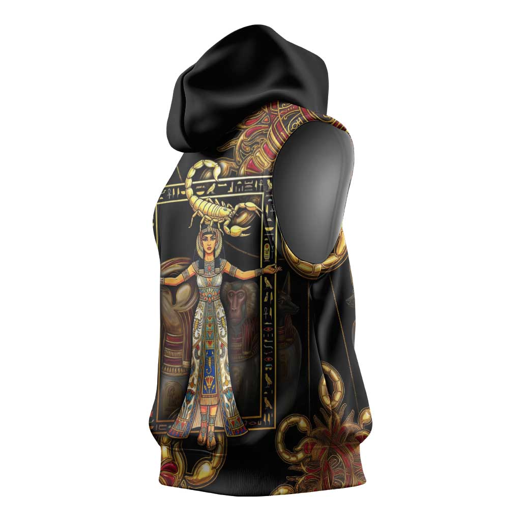 Serket Ancient Egyptian Sleeveless Hoodie with Canopic Jars and Scorpion Motif in Protection