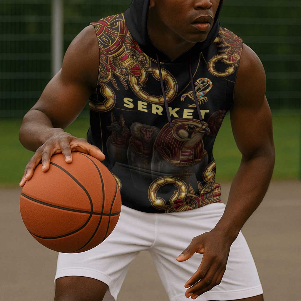 Serket Ancient Egyptian Sleeveless Hoodie with Canopic Jars and Scorpion Motif in Protection