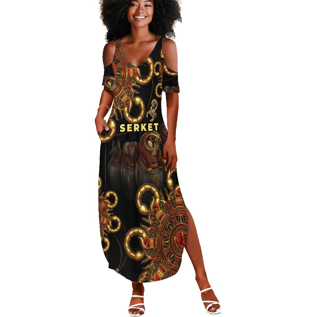 Serket Ancient Egyptian Summer Maxi Dress with Canopic Jars and Scorpion Motif in Protection