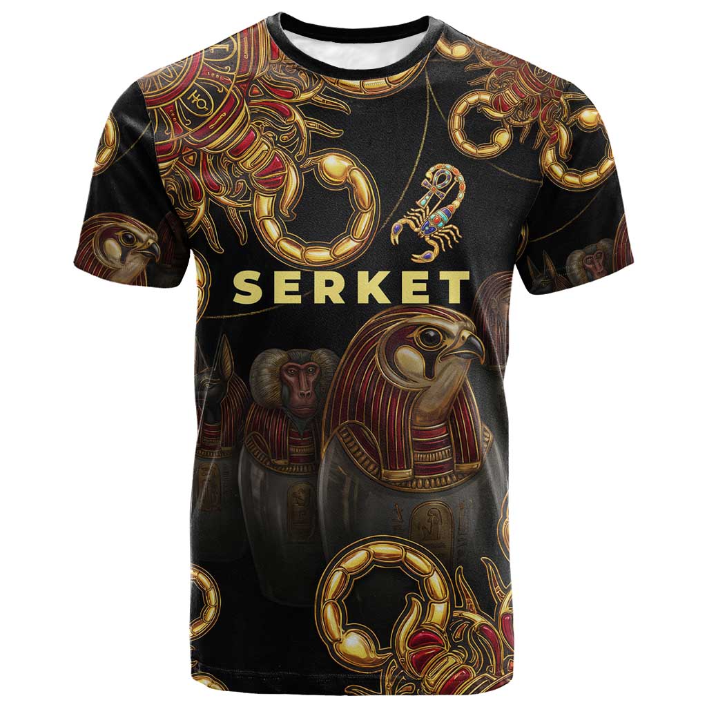 Serket Ancient Egyptian T shirt with Canopic Jars and Scorpion Motif in Protection
