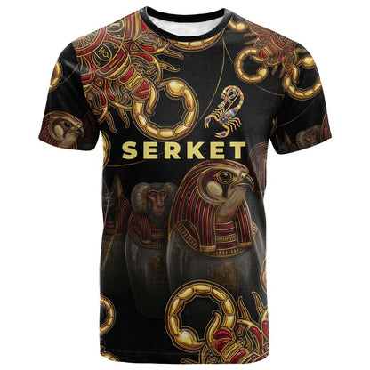 Serket Ancient Egyptian T shirt with Canopic Jars and Scorpion Motif in Protection