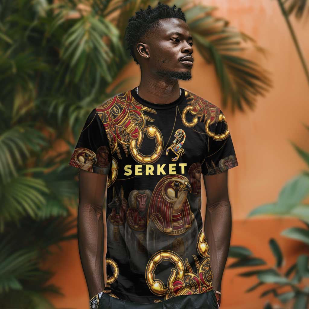 Serket Ancient Egyptian T shirt with Canopic Jars and Scorpion Motif in Protection