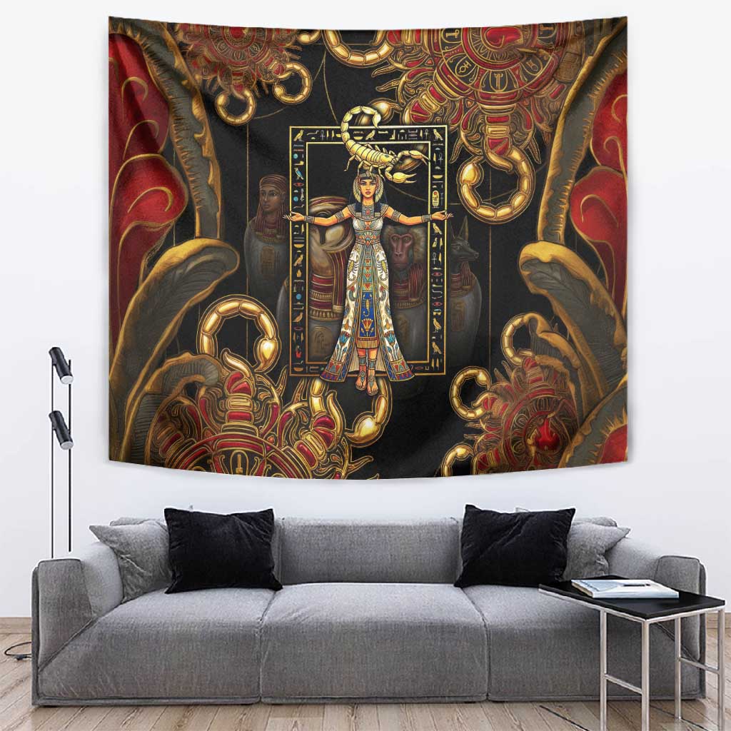 Serket Ancient Egyptian Tapestry with Canopic Jars and Scorpion Motif in Protection