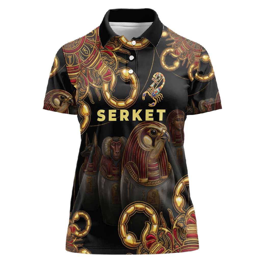 Serket Ancient Egyptian Women Polo Shirt with Canopic Jars and Scorpion Motif in Protection