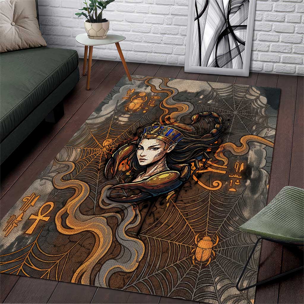 Serket Egyptian Area Rug Jeweled Scorpion and Cobweb Motif in Mystical Egyptian