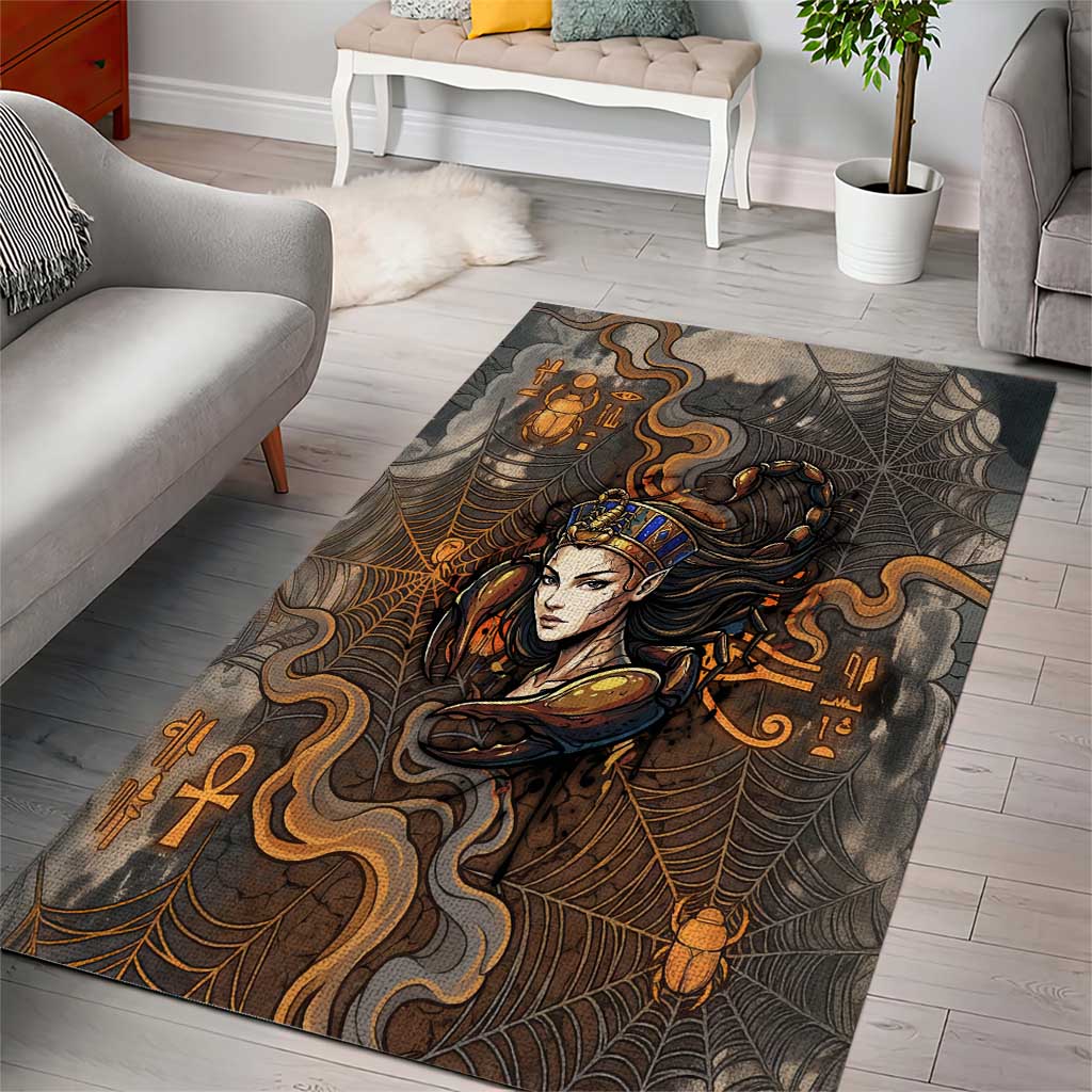 Serket Egyptian Area Rug Jeweled Scorpion and Cobweb Motif in Mystical Egyptian