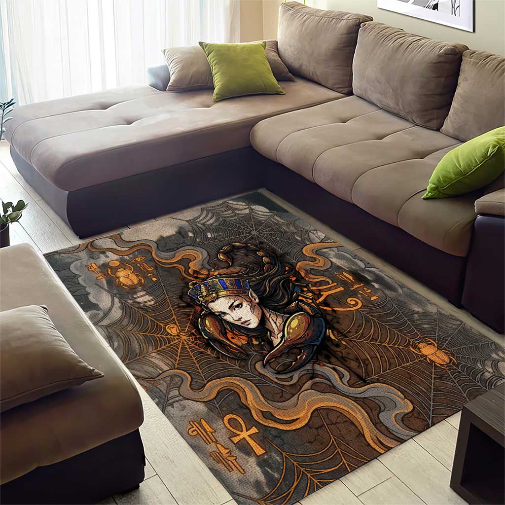 Serket Egyptian Area Rug Jeweled Scorpion and Cobweb Motif in Mystical Egyptian