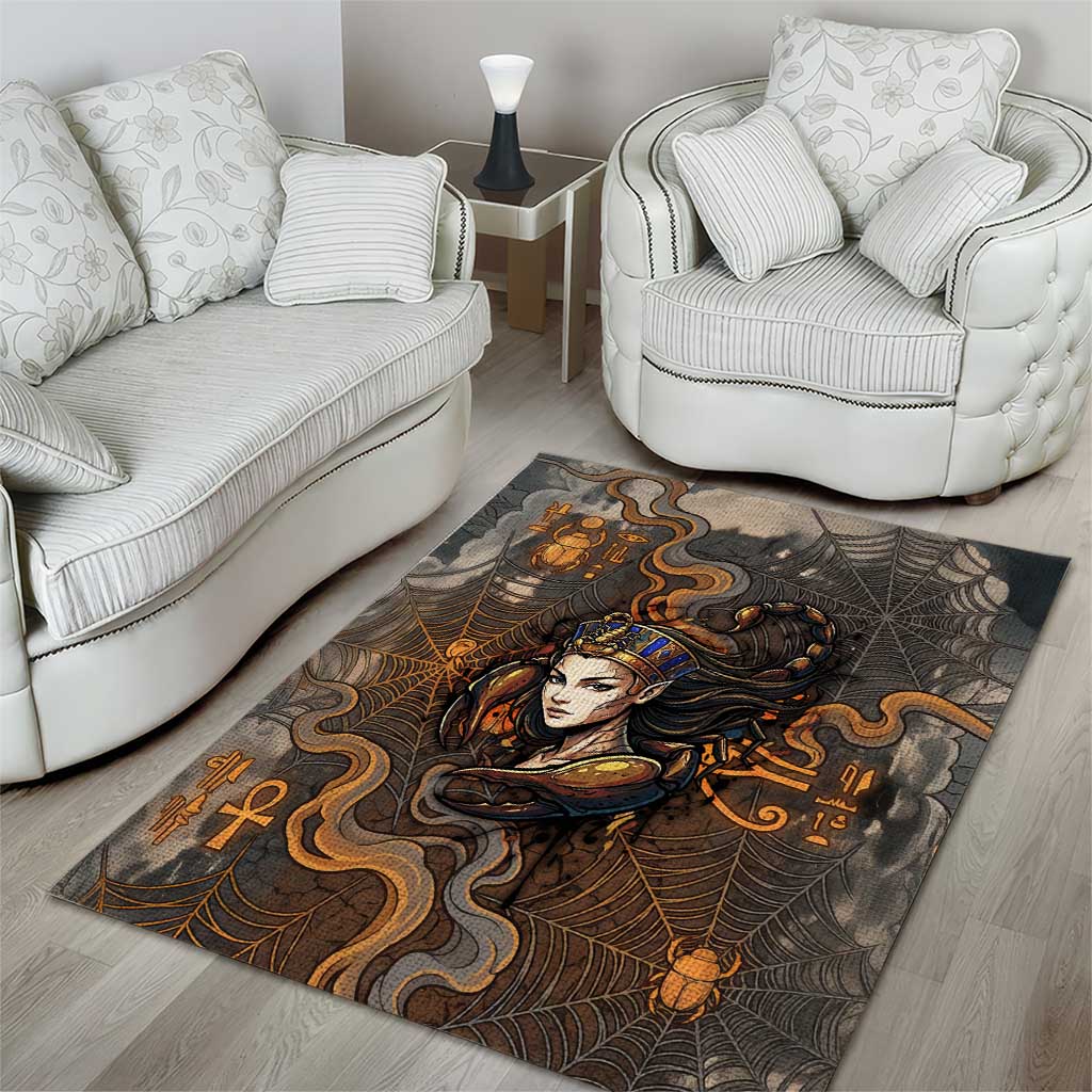 Serket Egyptian Area Rug Jeweled Scorpion and Cobweb Motif in Mystical Egyptian