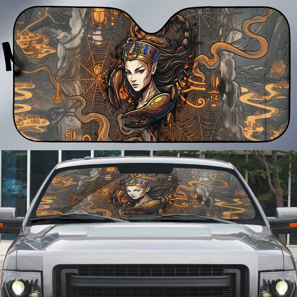 Serket Egyptian Auto Sun Shade Jeweled Scorpion and Cobweb Motif in Mystical Egyptian
