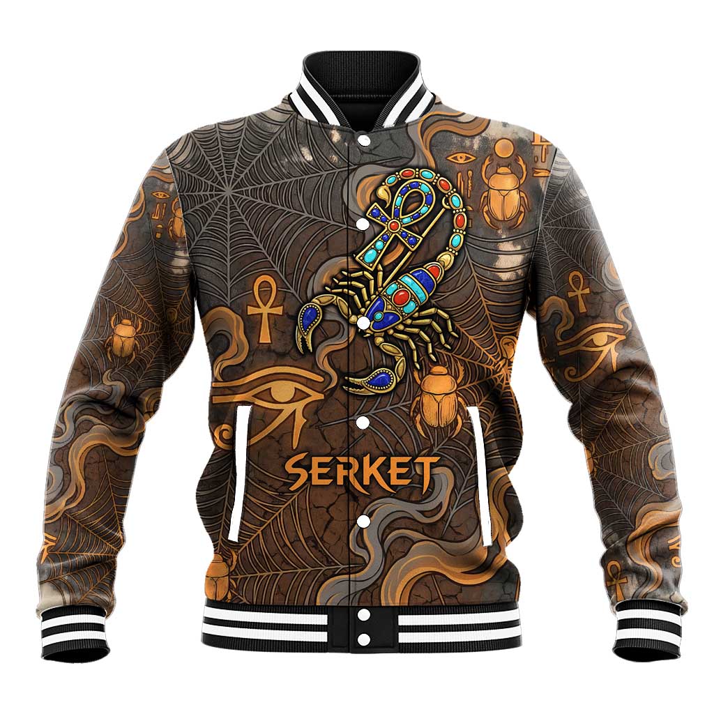 Serket Egyptian Baseball Jacket Jeweled Scorpion and Cobweb Motif in Mystical Egyptian