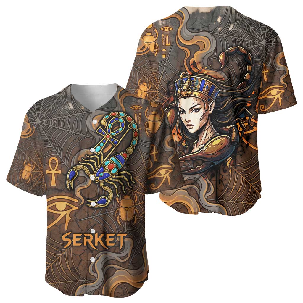 Serket Egyptian Baseball Jersey Jeweled Scorpion and Cobweb Motif in Mystical Egyptian