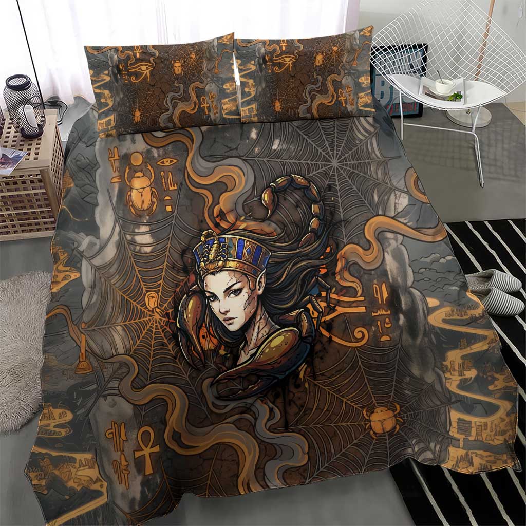 Serket Egyptian Bedding Set Jeweled Scorpion and Cobweb Motif in Mystical Egyptian
