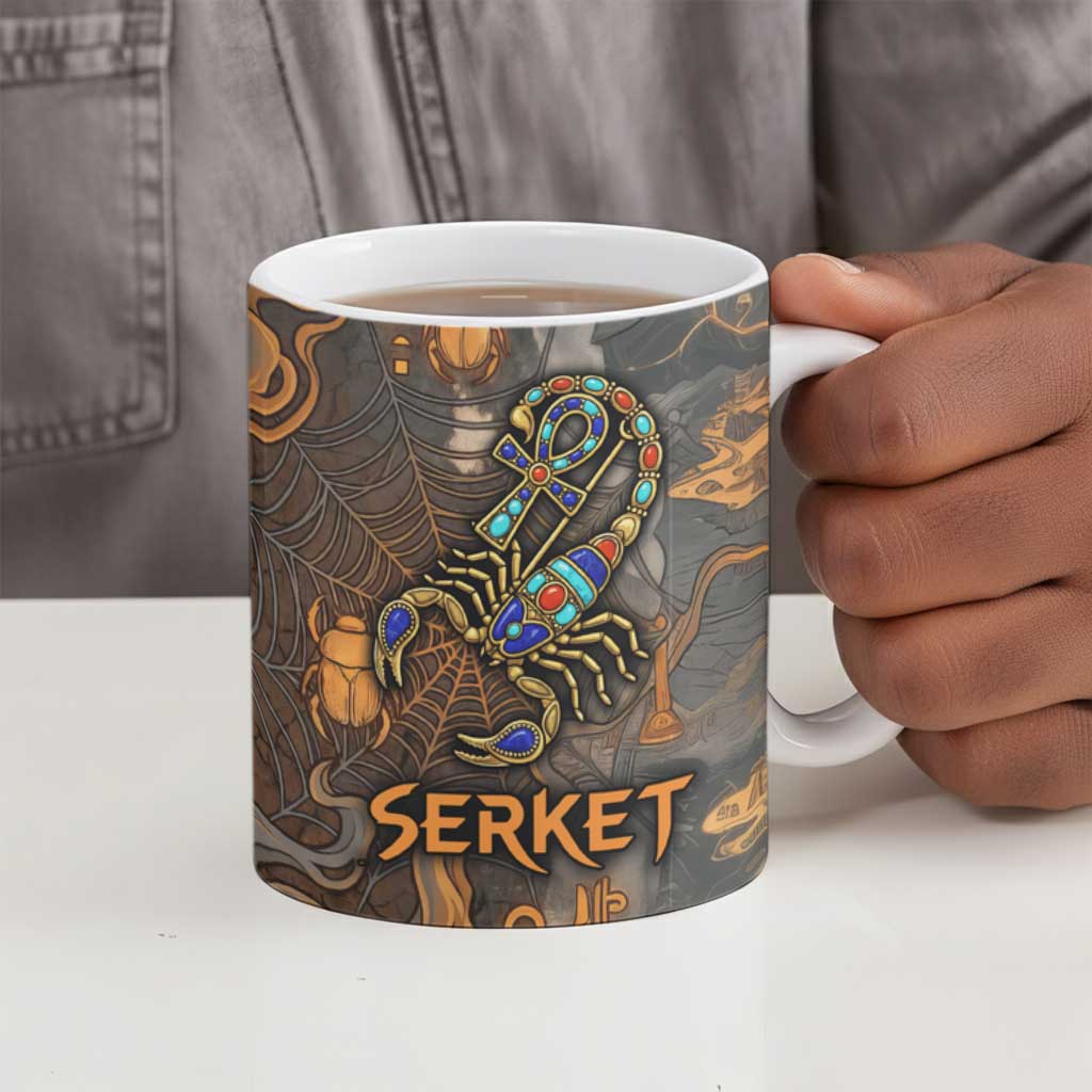 Serket Egyptian Ceramic Mug Jeweled Scorpion and Cobweb Motif in Mystical Egyptian