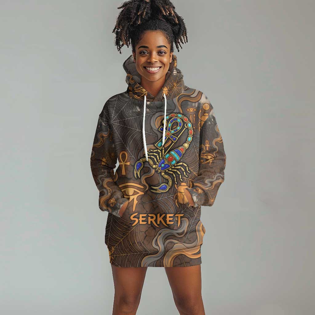 Serket Egyptian Hoodie Dress Jeweled Scorpion and Cobweb Motif in Mystical Egyptian