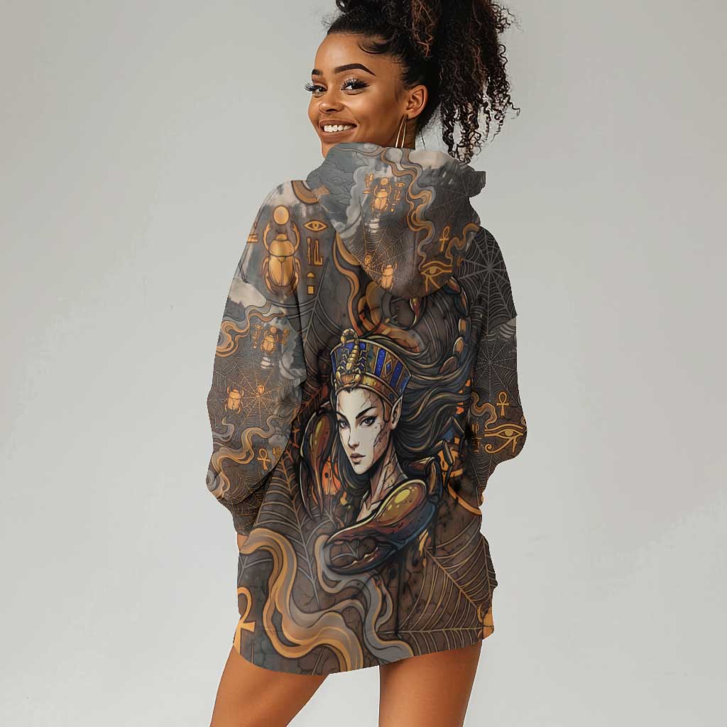 Serket Egyptian Hoodie Dress Jeweled Scorpion and Cobweb Motif in Mystical Egyptian