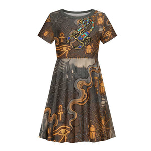 Serket Egyptian Kid Short Sleeve Dress Jeweled Scorpion and Cobweb Motif in Mystical Egyptian