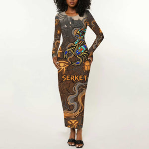 Serket Egyptian Long Sleeve Bodycon Dress Jeweled Scorpion and Cobweb Motif in Mystical Egyptian