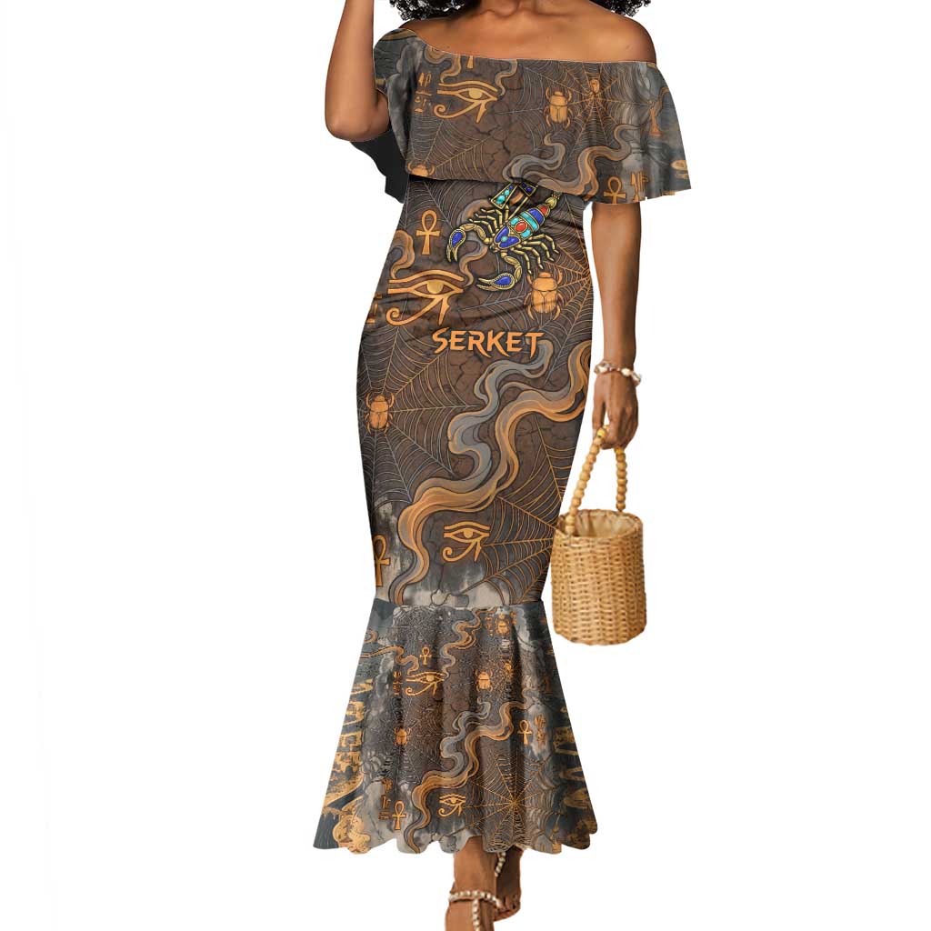 Serket Egyptian Mermaid Dress Jeweled Scorpion and Cobweb Motif in Mystical Egyptian