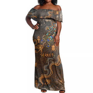 Serket Egyptian Off Shoulder Maxi Dress Jeweled Scorpion and Cobweb Motif in Mystical Egyptian