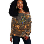 Serket Egyptian Off Shoulder Sweater Jeweled Scorpion and Cobweb Motif in Mystical Egyptian