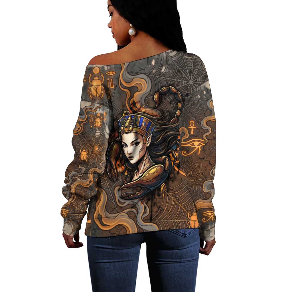Serket Egyptian Off Shoulder Sweater Jeweled Scorpion and Cobweb Motif in Mystical Egyptian
