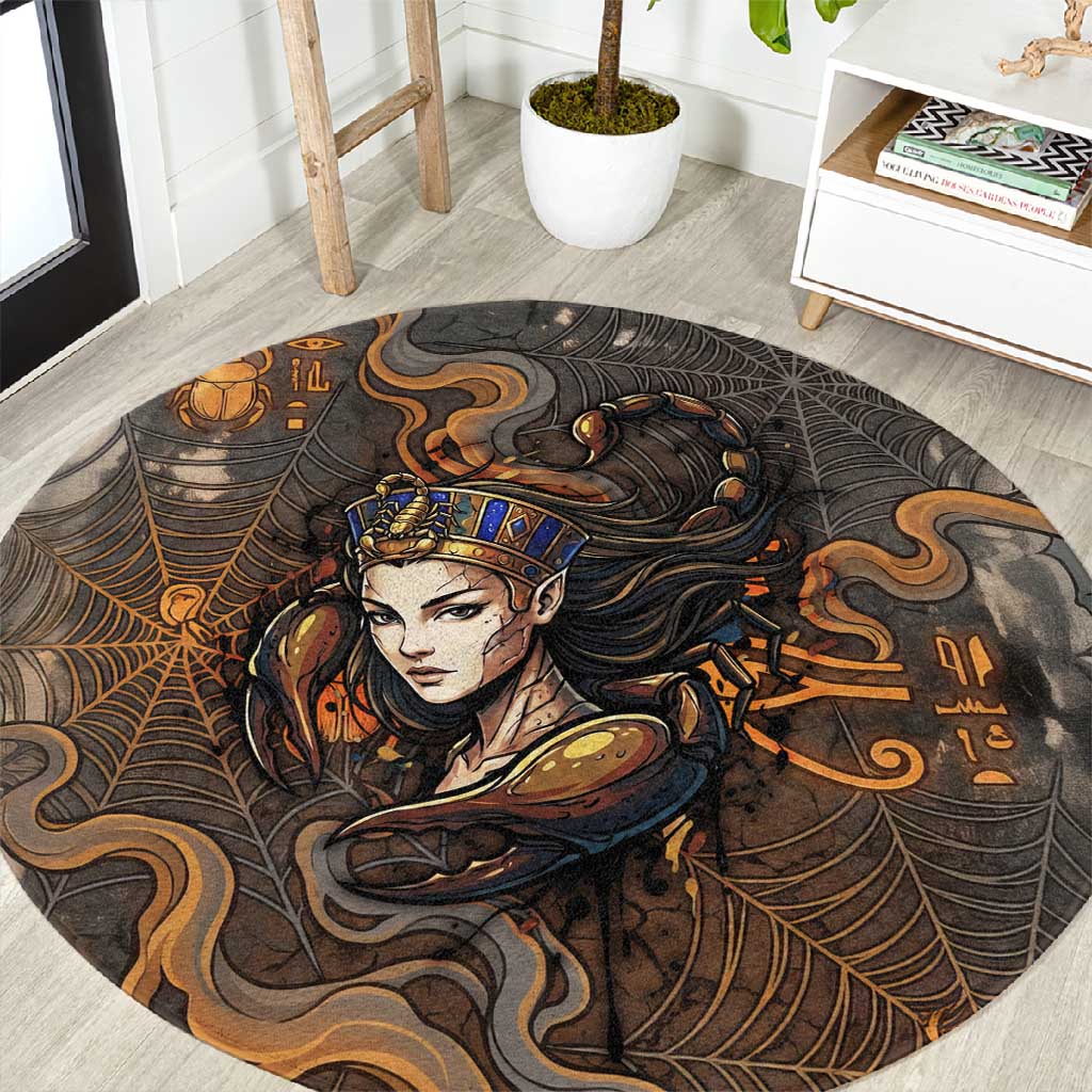 Serket Egyptian Round Carpet Jeweled Scorpion and Cobweb Motif in Mystical Egyptian