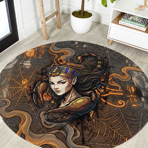 Serket Egyptian Round Carpet Jeweled Scorpion and Cobweb Motif in Mystical Egyptian