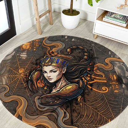 Serket Egyptian Round Carpet Jeweled Scorpion and Cobweb Motif in Mystical Egyptian