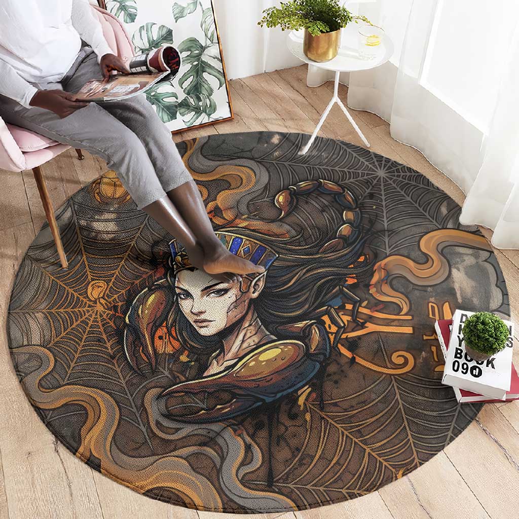 Serket Egyptian Round Carpet Jeweled Scorpion and Cobweb Motif in Mystical Egyptian