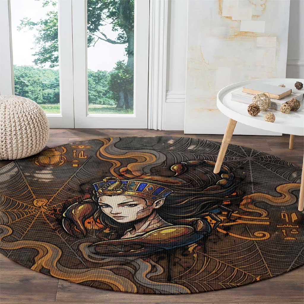 Serket Egyptian Round Carpet Jeweled Scorpion and Cobweb Motif in Mystical Egyptian