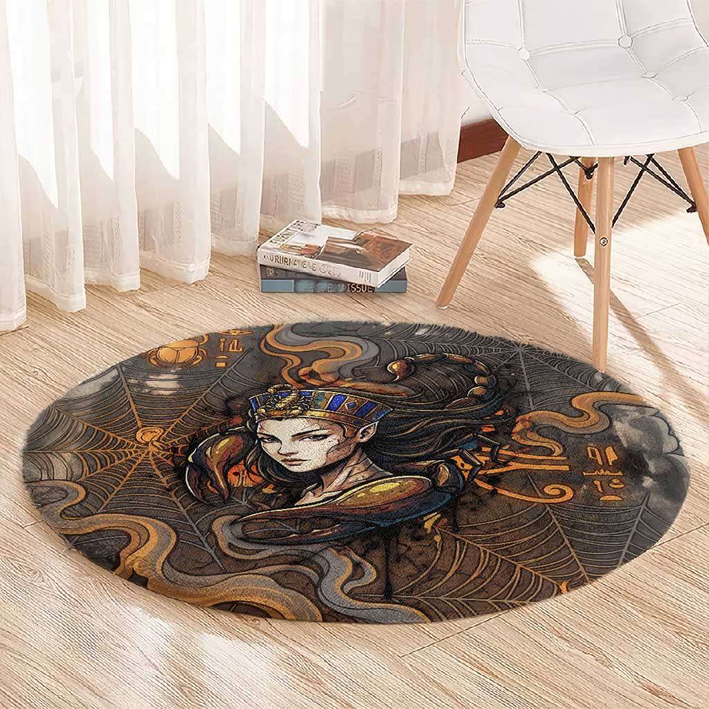 Serket Egyptian Round Carpet Jeweled Scorpion and Cobweb Motif in Mystical Egyptian