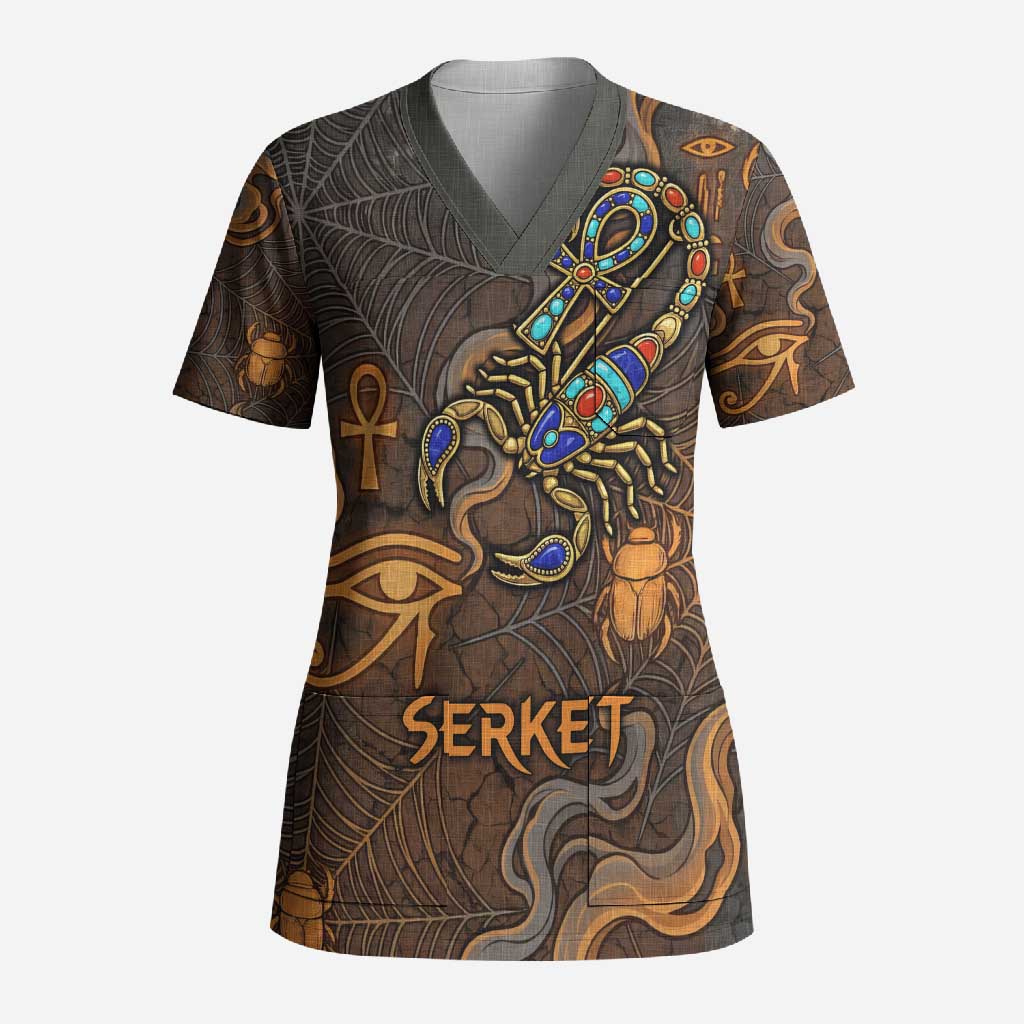 Serket Egyptian Scrub Top Jeweled Scorpion and Cobweb Motif in Mystical Egyptian