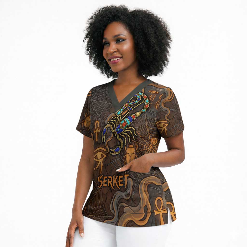 Serket Egyptian Scrub Top Jeweled Scorpion and Cobweb Motif in Mystical Egyptian