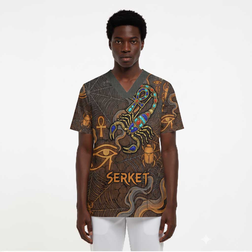 Serket Egyptian Scrub Top Jeweled Scorpion and Cobweb Motif in Mystical Egyptian