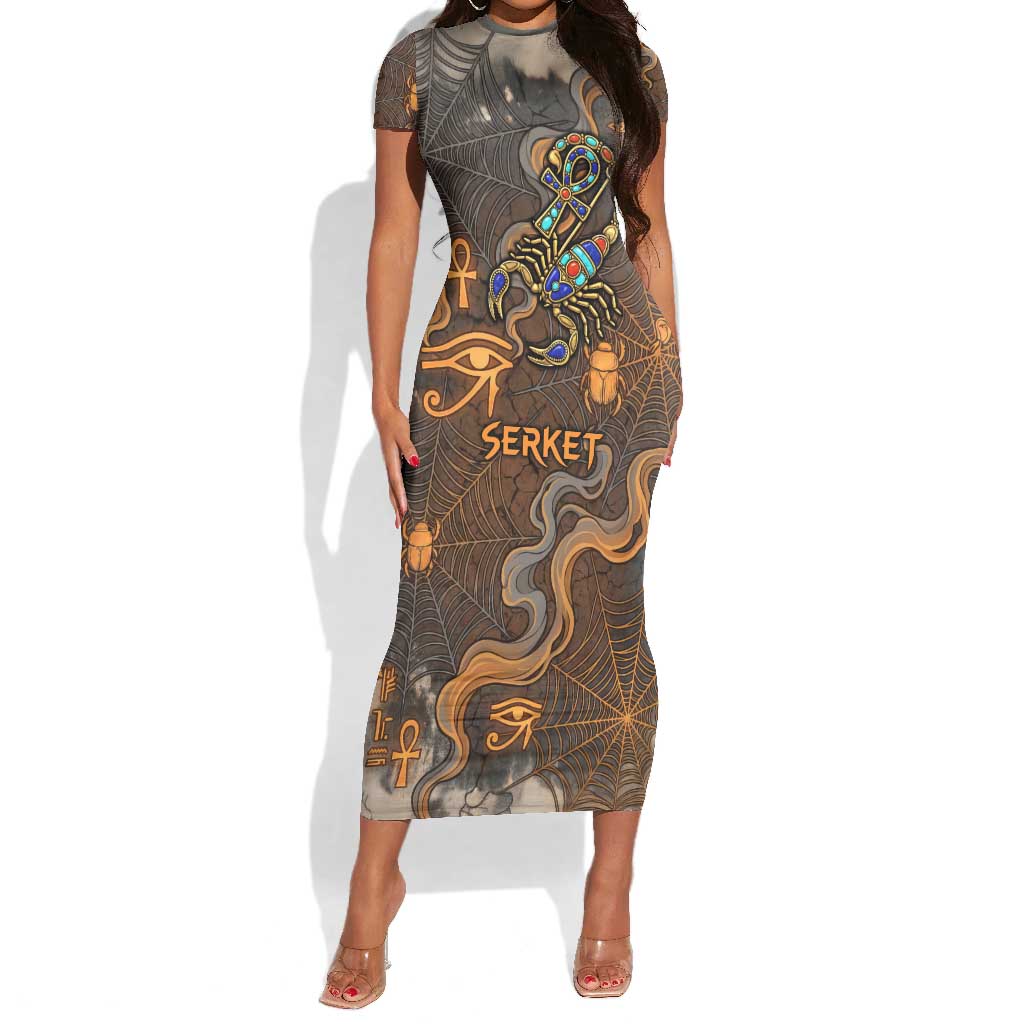 Serket Egyptian Short Sleeve Bodycon Dress Jeweled Scorpion and Cobweb Motif in Mystical Egyptian