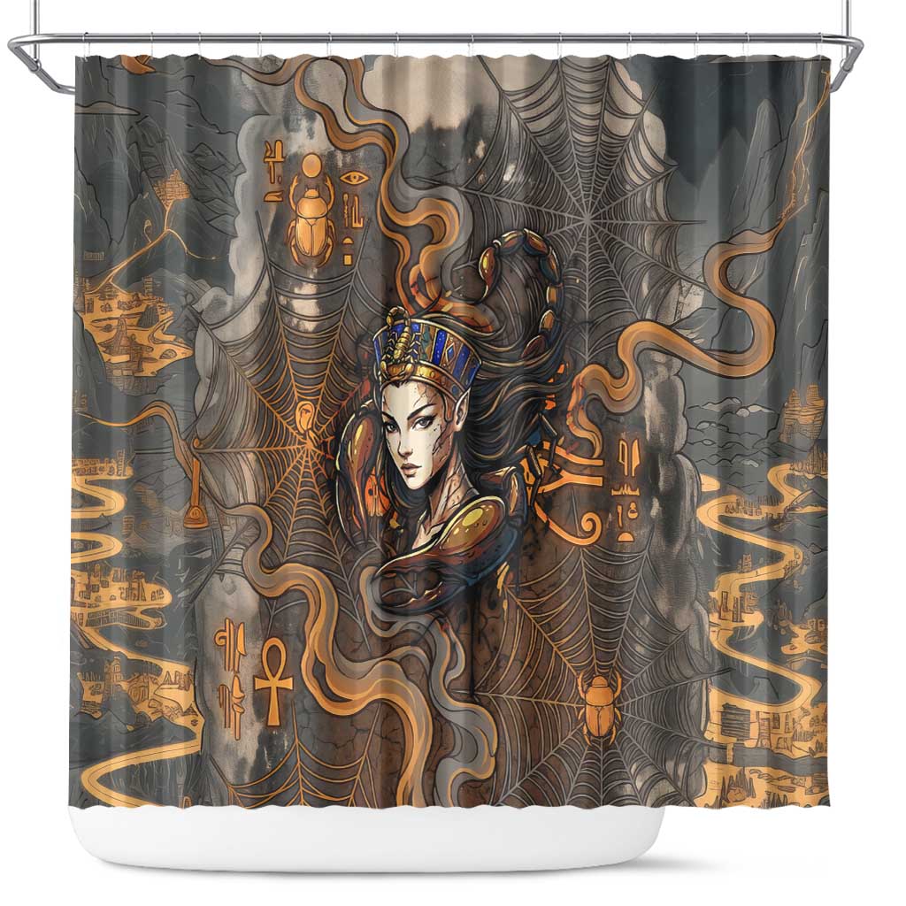 Serket Egyptian Shower Curtain Jeweled Scorpion and Cobweb Motif in Mystical Egyptian
