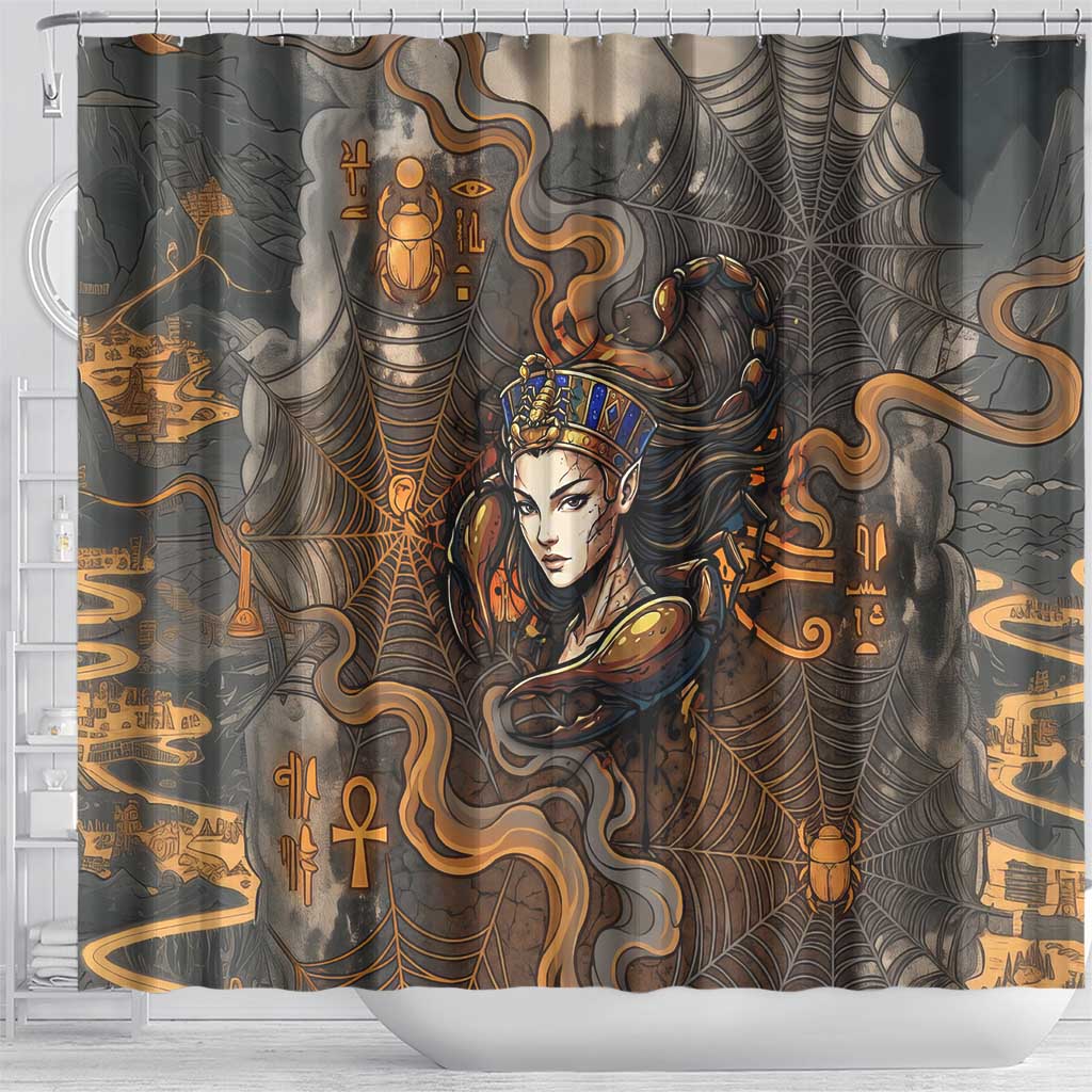 Serket Egyptian Shower Curtain Jeweled Scorpion and Cobweb Motif in Mystical Egyptian