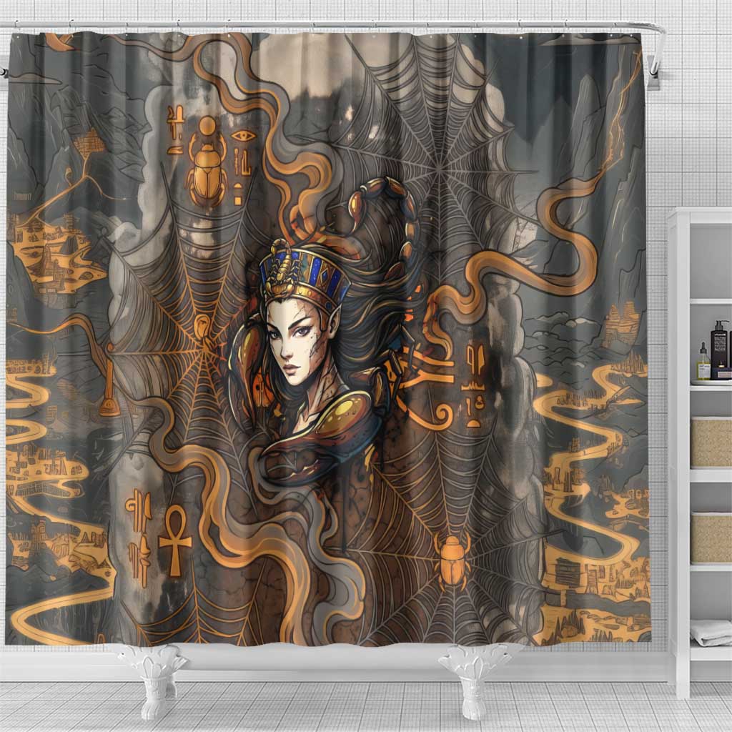 Serket Egyptian Shower Curtain Jeweled Scorpion and Cobweb Motif in Mystical Egyptian
