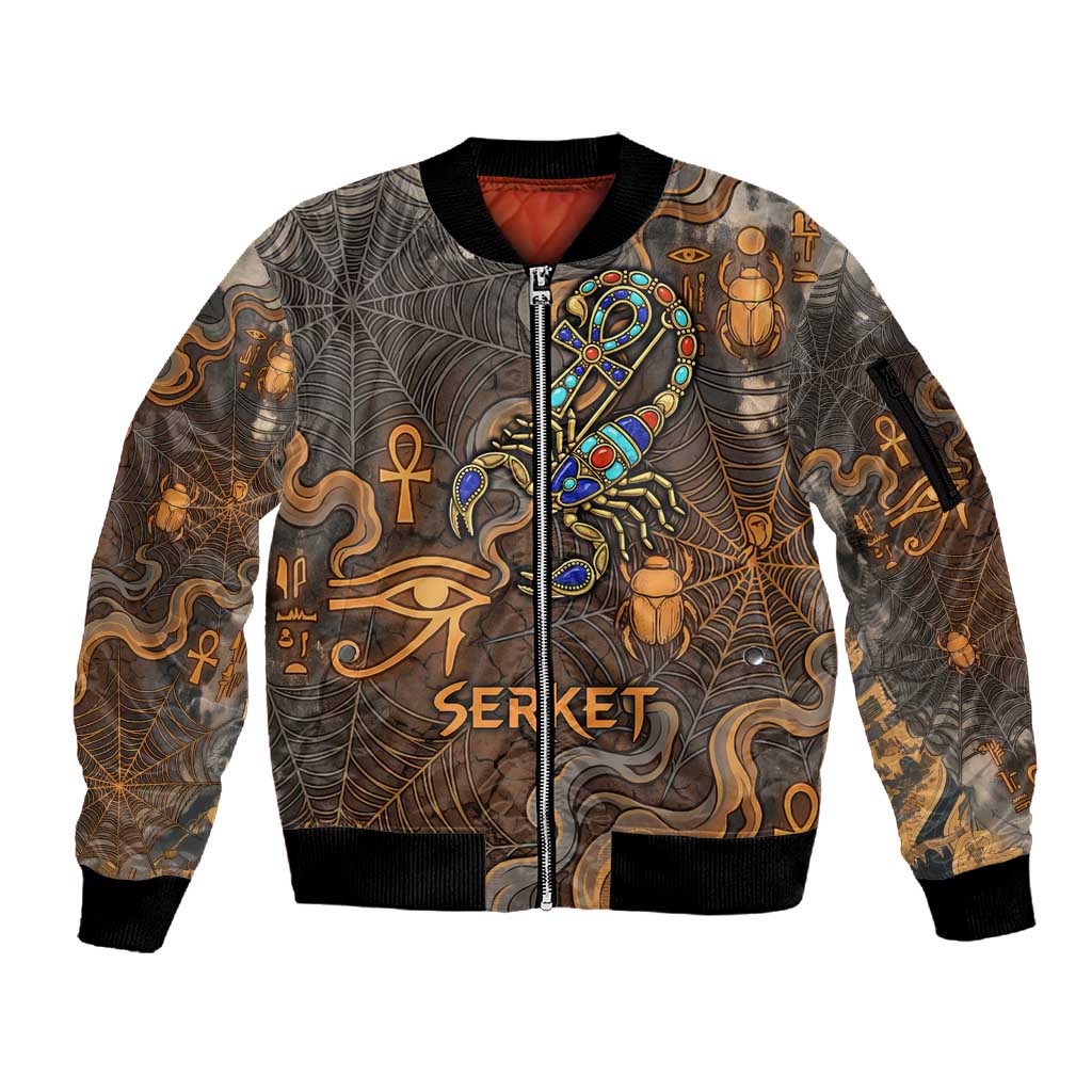 Serket Egyptian Sleeve Zip Bomber Jacket Jeweled Scorpion and Cobweb Motif in Mystical Egyptian