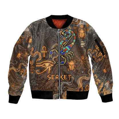 Serket Egyptian Sleeve Zip Bomber Jacket Jeweled Scorpion and Cobweb Motif in Mystical Egyptian