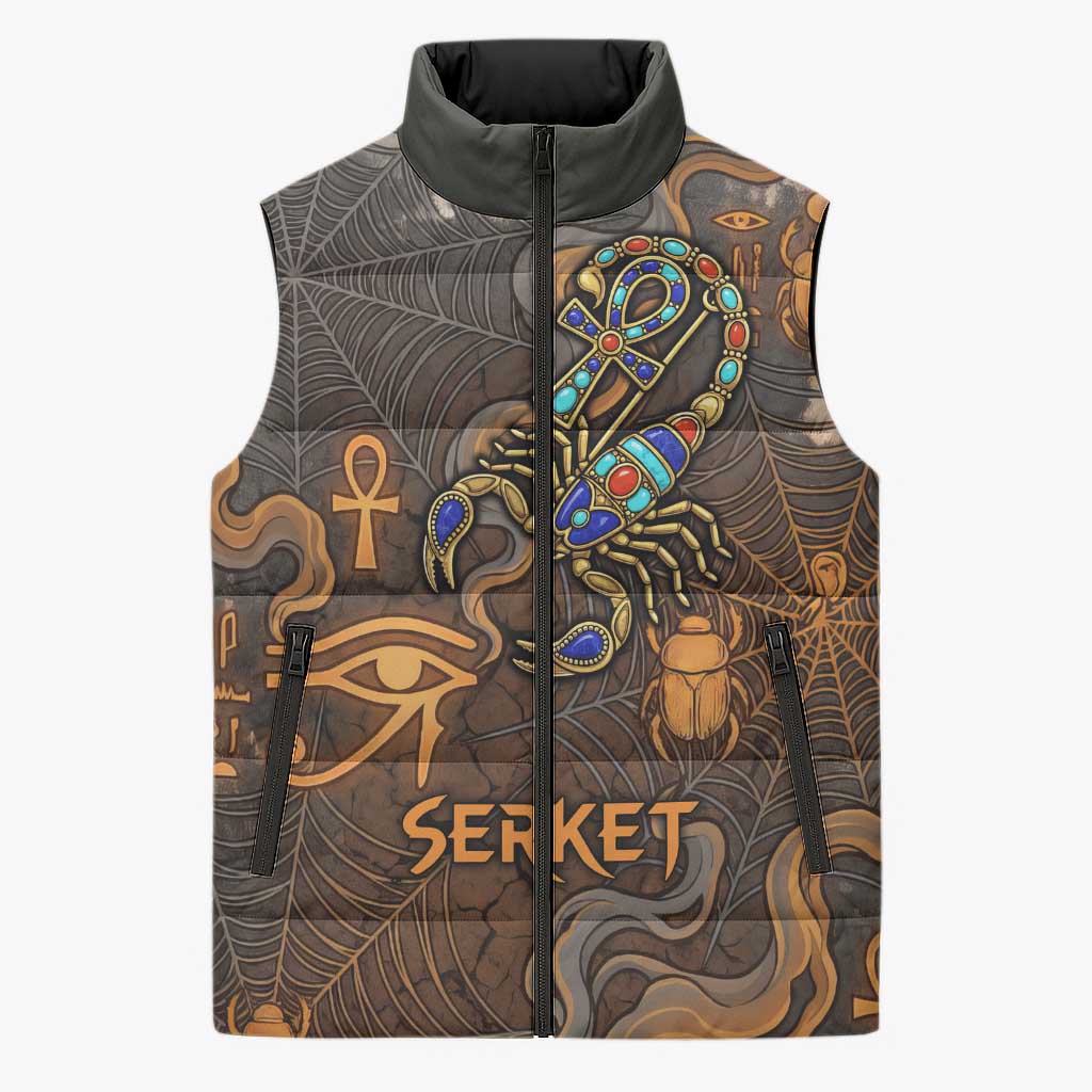 Serket Egyptian Sleeveless Puffer Jacket Jeweled Scorpion and Cobweb Motif in Mystical Egyptian